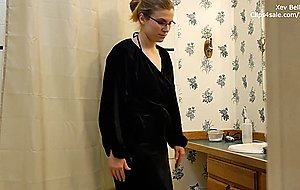 Naturally busty blonde catches a perv filming her in the shower 
