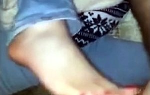 He mastirbates and cums on her feet