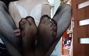Teen trans in fishnets solo