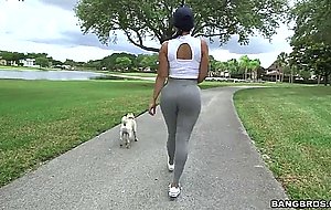 Diamond kitty is walking with her dog and flashing her giant glutes