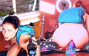 Backpacking teen bounces on vibrator