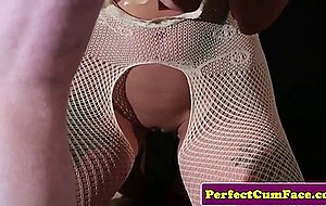 Cuffed uk babe in fishnetx sucks til facial 