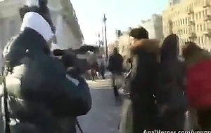 A honey blonde chick with perfect ass gets seduced in a cold winter street
