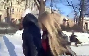 A honey blonde chick with perfect ass gets seduced in a cold winter street