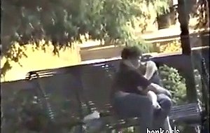 Amateur voyeur caught outdoor bench fingering 