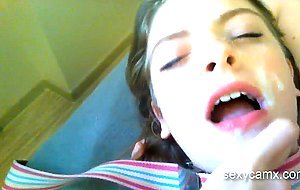 Teen gets cum all over her cute face after hard pounding live at sexycamx