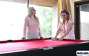 Lady is licking her big tits wifes pussy aside the pooltable