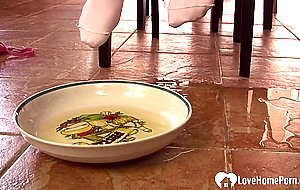 Stepmom pees into the bowl and washes feet