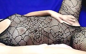 horny babe in fishnet spreading pussy