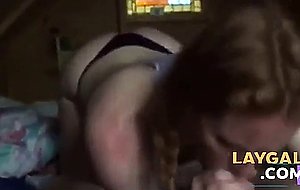 Girl with ponytails sucks cock deepthroat in woode 