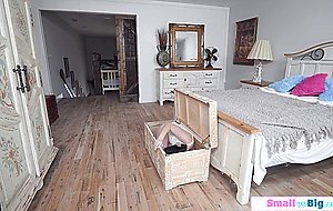 Petite teen babe sucks and rides on an older guys big cock