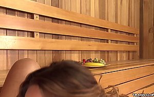 Blonde shemale fucks busty in sauna