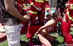 Bound brunette fucked by firefighters