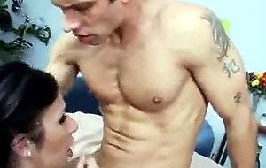 Brunette sucks masseuses intense cock