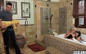 After hot bath sexy Latin teen fucked so hard by a stepmom and dirty guy