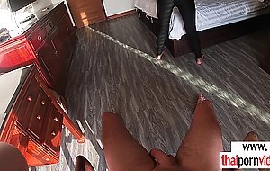 Petite inked amateur Thai teen Cherry testing the bed in a hotel