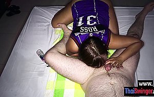 Sexy amateur Asian slut sucking white dick after she massage guys body