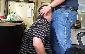 Daddy trucker dumps a quick load in Chubby Boy's mouth...