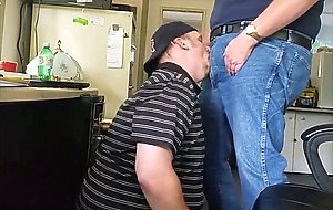 Daddy trucker dumps a quick load in Chubby Boy's mouth...