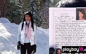 All natural ebony babe Kylie Johnson shows her big boobs at a snowy yard