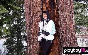 All natural ebony babe Kylie Johnson shows her big boobs at a snowy yard