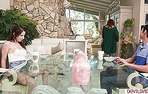 A brunette teen blowjobs then fucked by her stepsis fiance