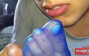 footjob in blue nylon socks