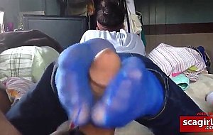 footjob in blue nylon socks