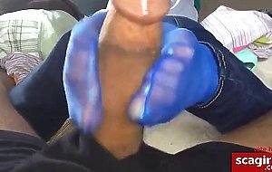 footjob in blue nylon socks