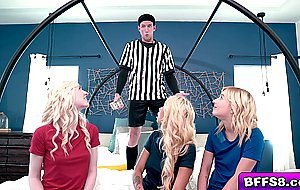 Lucky guy getting fucked by these sexy hotties after he wins their bet