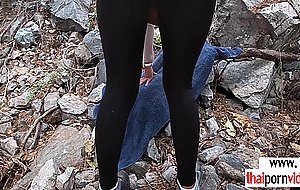 Skinny amateur Thai teen Cherry emptying her BFs saturated balls outdoor