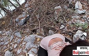 Skinny amateur Thai teen Cherry emptying her BFs saturated balls outdoor