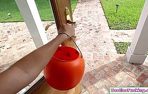 Petite brunette teen deepthroats neighbors big cock