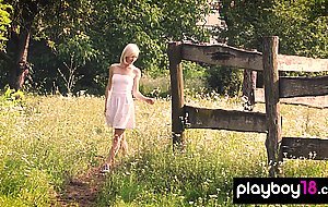 Tiny titted Hungarian blondie stripping Zazie Skymm by the pens outdoor