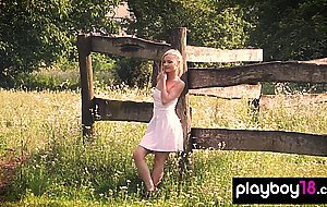 Tiny titted Hungarian blondie stripping Zazie Skymm by the pens outdoor