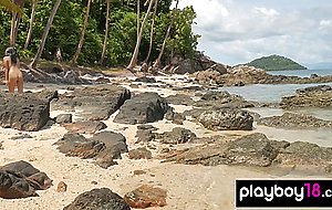 All natural asian Kahlisa showing her big tits and hairy pussy on the beach