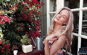 Yard secrets with petite teen Roxy Shaw giving a striptease for Playboy