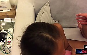 Wet Asian teen sucking dick during masturbation and white guy enjoyed it