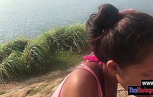 White boyfriend enjoyed outdoor blowjob by petite Asian teen girlfriend