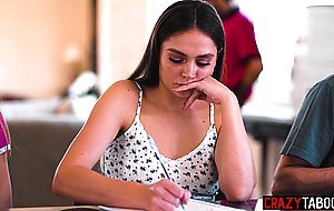 Perverted blonde teen teacher Emma Starletto rode big cock during the class