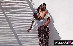 Latina Angel Constance stripping and relaxing after a tough day outdoor