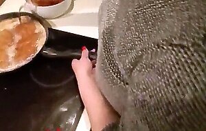 Slut wife deep throats big cock while cooking dinner