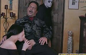 Busty milf takes in a long massive cock sucking it deep down her throat before getting her pussy