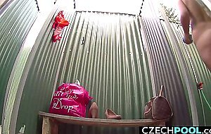 Young mother naked showering in public, 