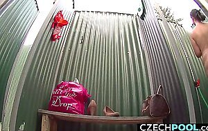 Young mother naked showering in public, 