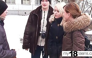 MY18TEENS - 18yo Teens Blowjob and Cowgirl on Cock guys Cock for money