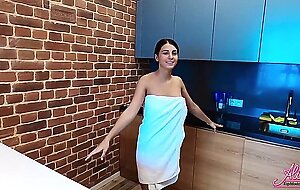 Booty Brunette Pussy Fucking Dildo and Orgasm on Breakfast in the Morning - JOI