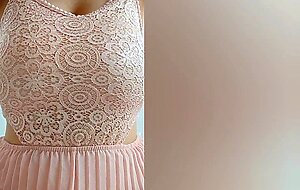 Pretty girl in pink dress and brown hair plays with her big tits . amateur video