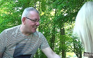 Petite teen blonde takes old man cock in her wet pussy then gives blowjob