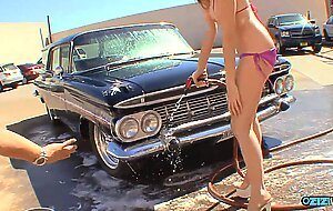 Outdoor car wash makes the brunette want to suck cock and get dicked down vigorously